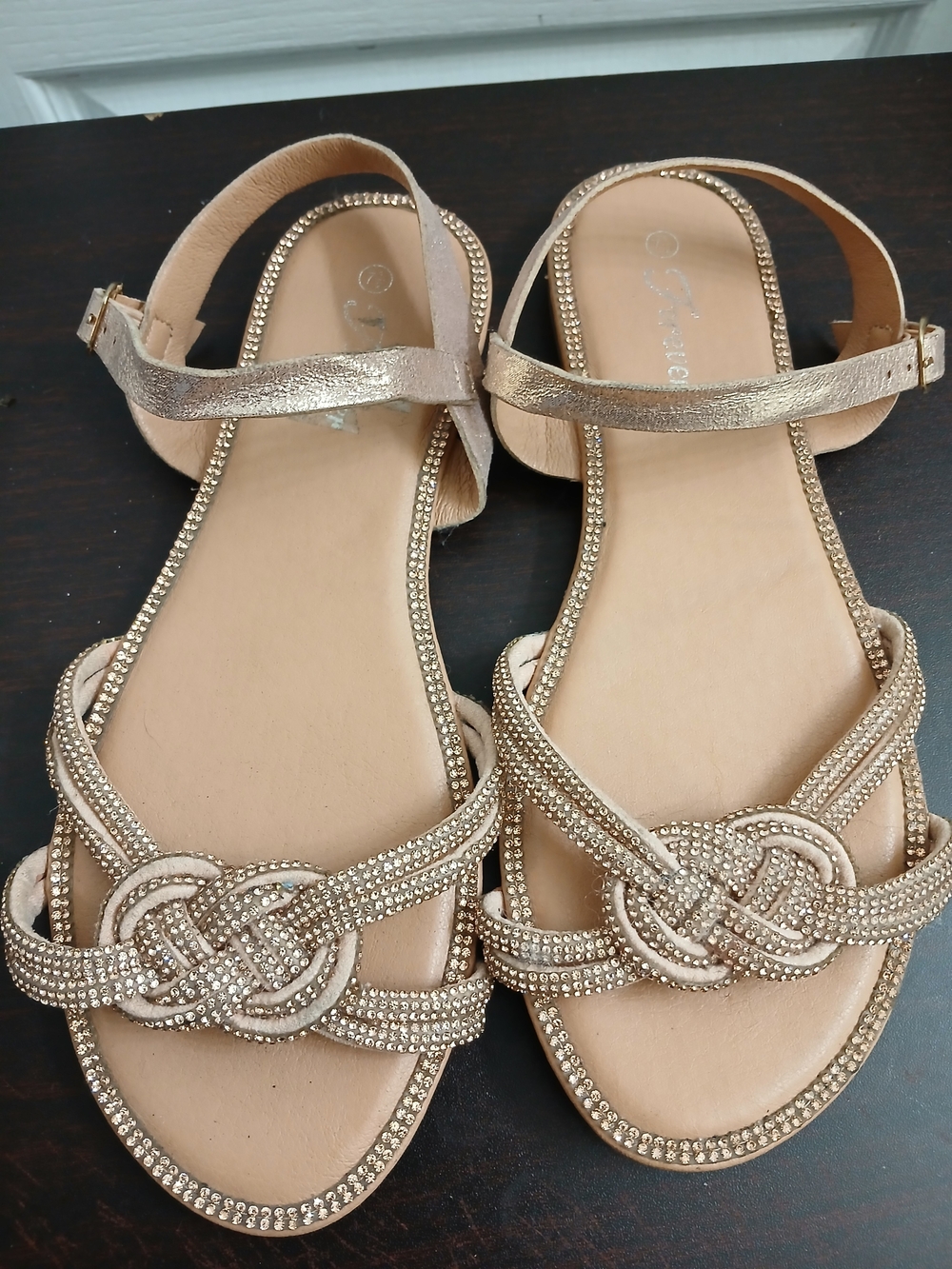Forever Gold Rhinestone Knotted Strap Flat Sandals-7.5